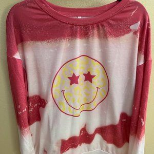 Amazon Long Sleeve Pink & White Tie-Dye Smiley Face Cheetah Print Shirt